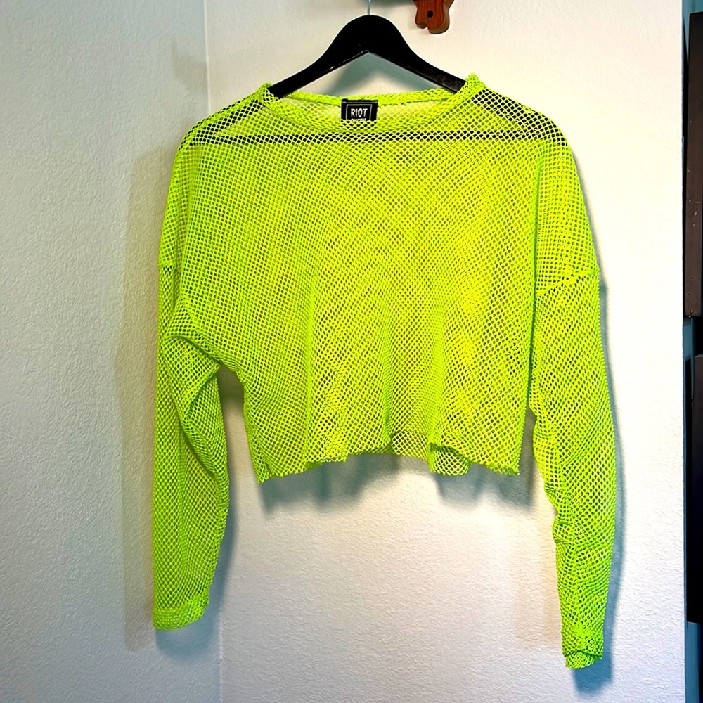 Dolls Kill lime green long sleeve crop fishnet shirt